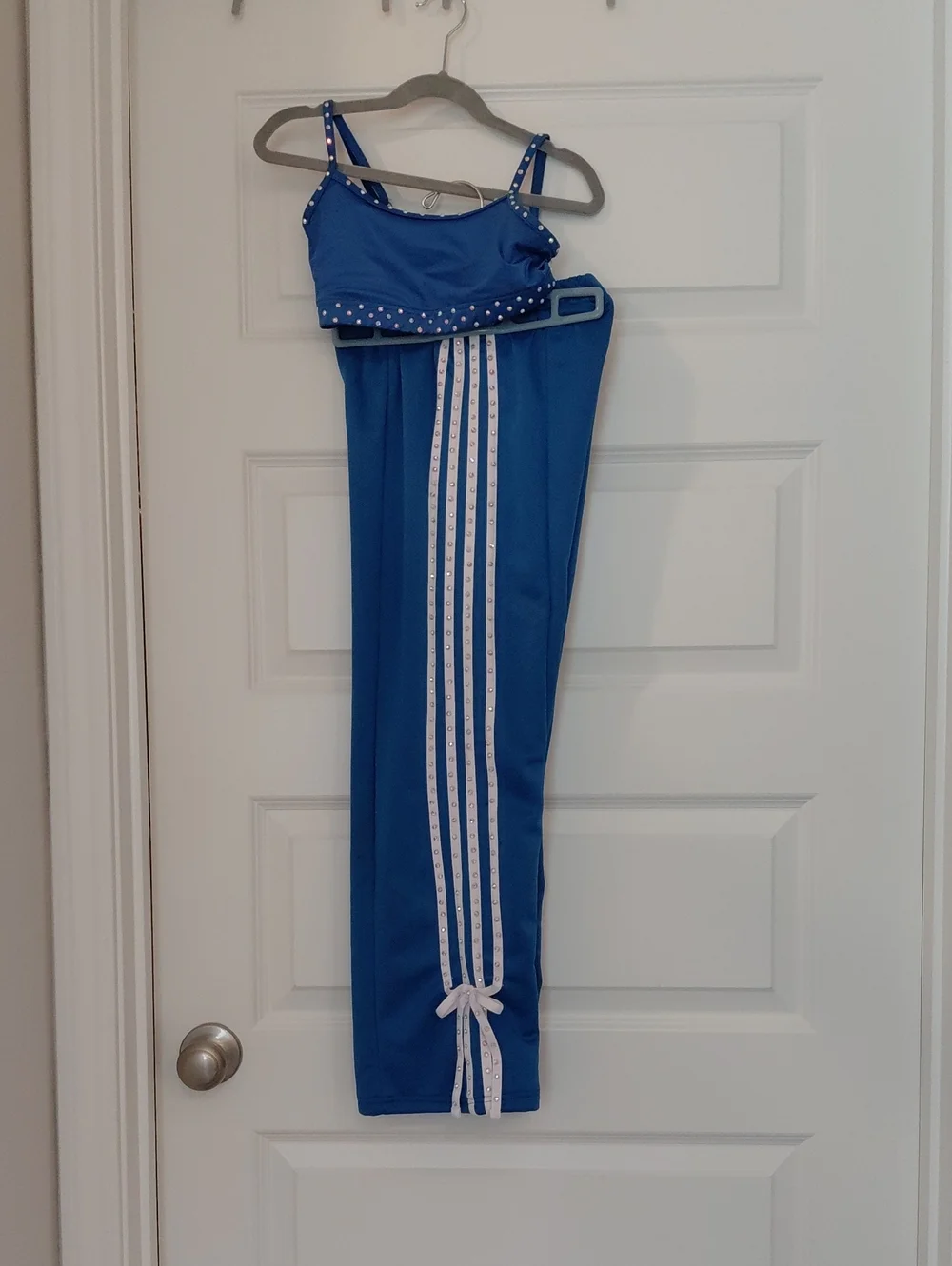 Blue Two-Piece Dance/Active Set with White Trim And AB Stoning